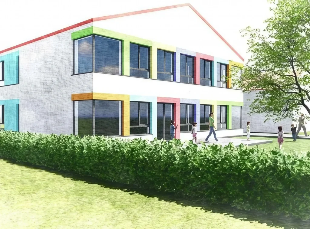 Zeitungsartikel: Hölzerner Anbau für die Kinderinsel 1 Zeichnung der geplanten KiTa in Münster mit bunten Farbflächen um die Fenster, errichtet in Holzrahmenbauweise