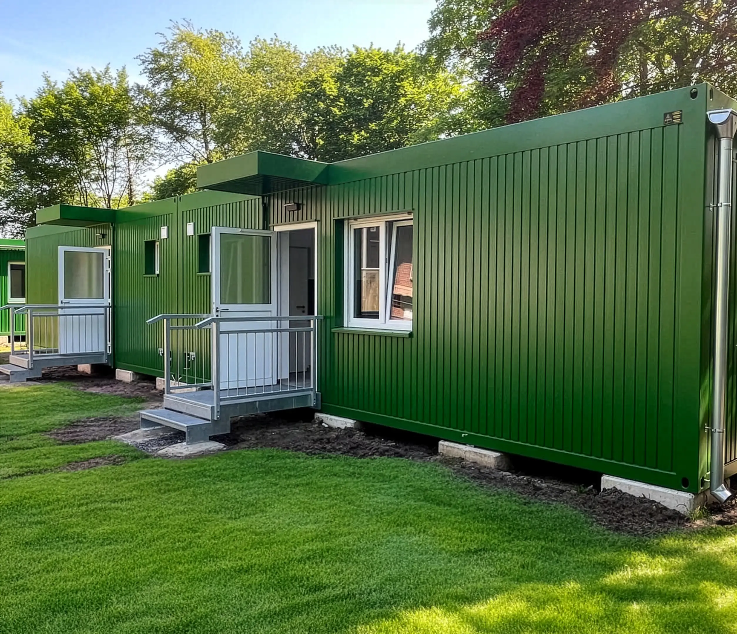 Aufnahme der grünen Containergebäude in Warendorf, es entsteht eine Flüchtlingsunterkunft