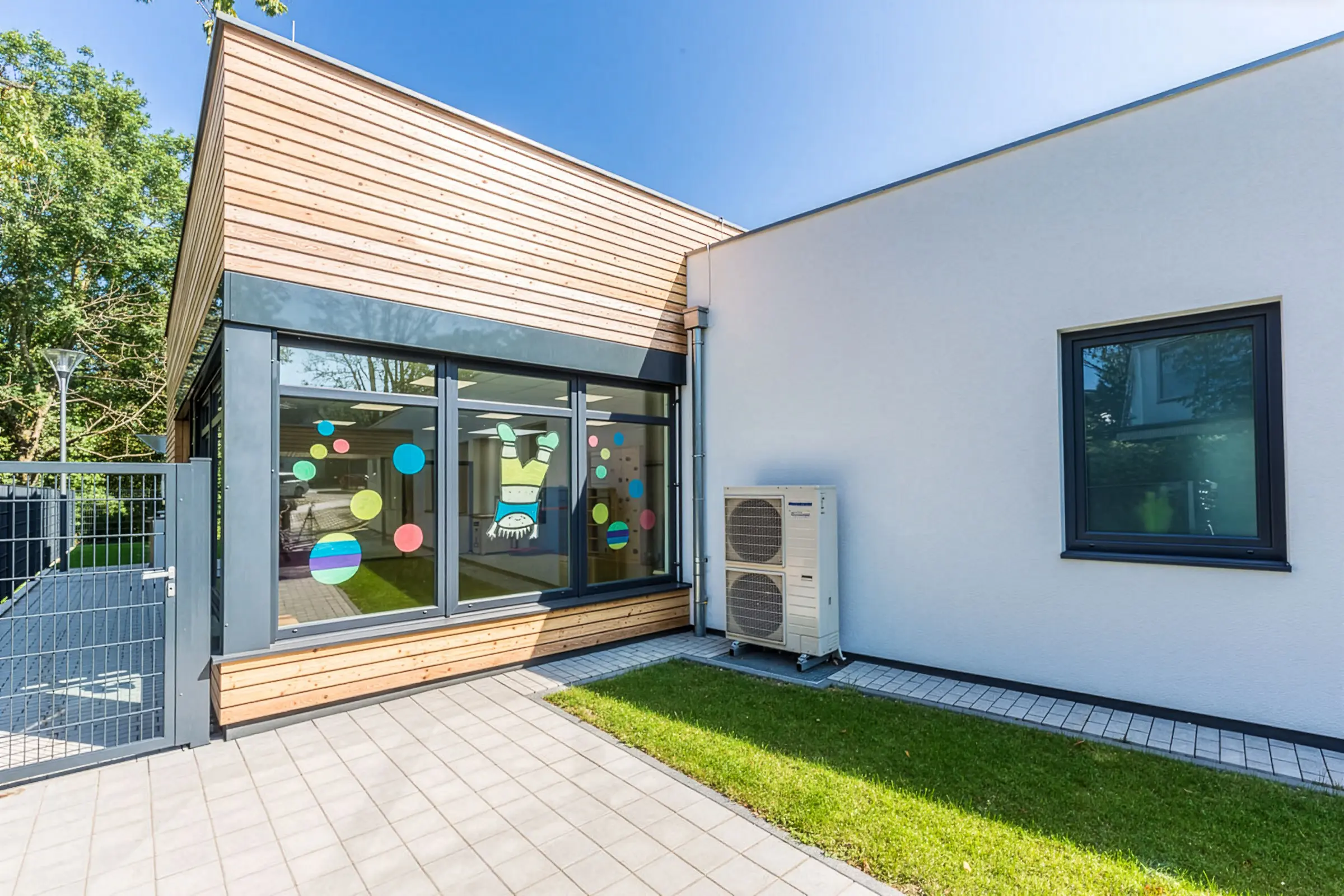 Kindertagesstätte Universität Paderborn 6 Außenaufnahme einer Kita in Holztafelbauweise mit einem Klimagerät