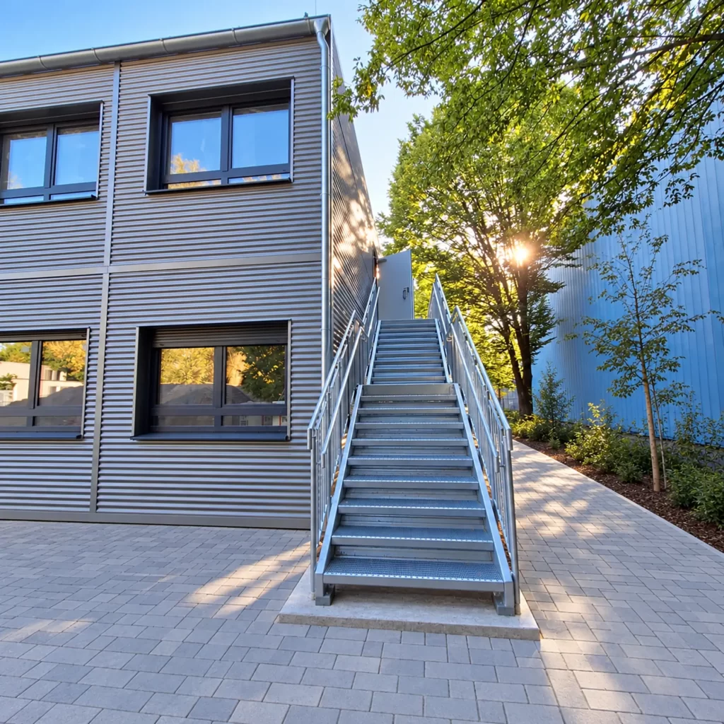 Neue Raumzellenanlage für die Theodor-Heuss-Realschule 3 Modulares Schulgebäude an der Theodor Heuss Realschule Oberhausen von außen betrachtet
